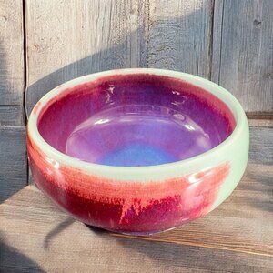 Hand Made Studio Art Pottery Dish Bowl Green Red Purple Glaze Artist Signed Bowl